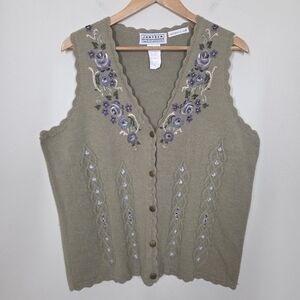 Vtg 90s Y2K Hand Embroidered Green Purple Floral Knit Vest Cottagecore Granny M